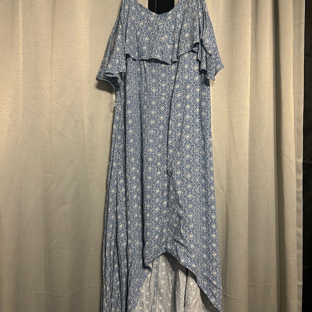 Blue Patterned Off-Shoulder Dress